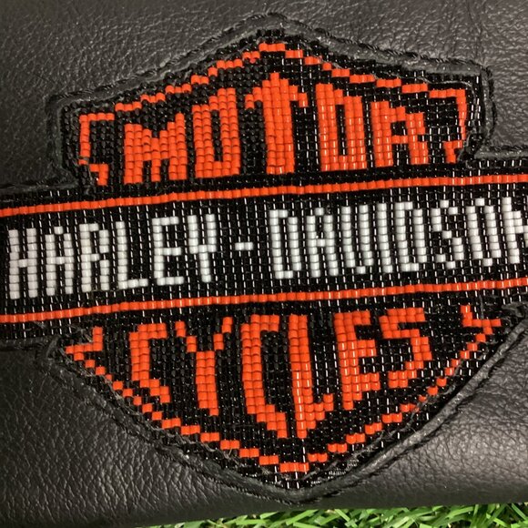 Harley Davidson Beaded Patch on Black Leather Wallet Braided Trim - Picture 2 of 13